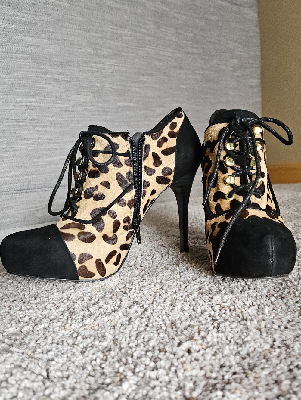Leopard Print Lace-Up High Heel Booties - Black and Tan